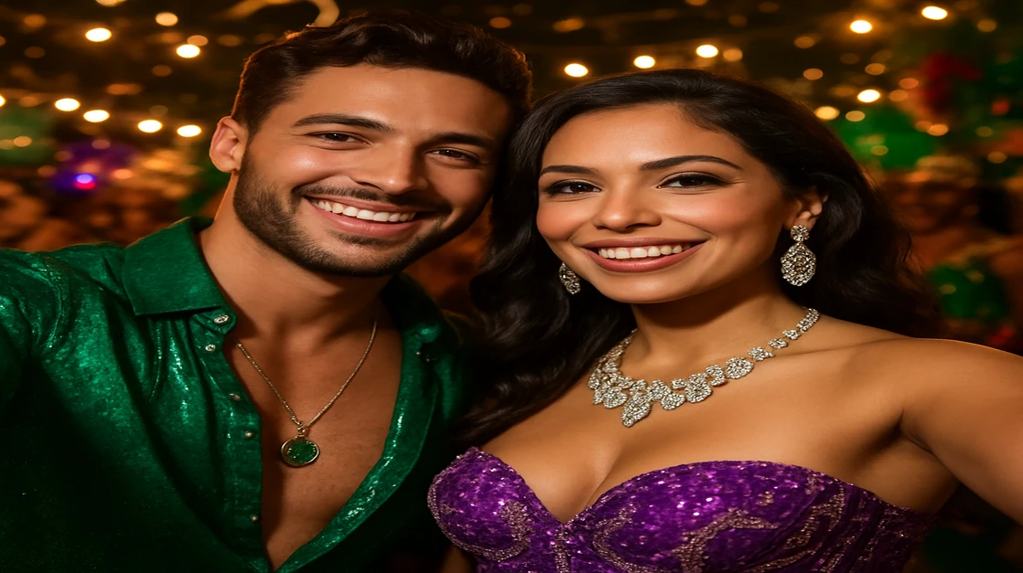 রঙিন কার্নিভাল পোশাক পরা সুখী ও আকর্ষণীয় জুটি একটি প্রাণবন্ত বাইরের উৎসবে উদযাপন করছে, যা K999-এ গেম খেলার মজা, সামাজিকতা ও উত্তেজনাপূর্ণ 분위িকে প্রতিফলিত করে